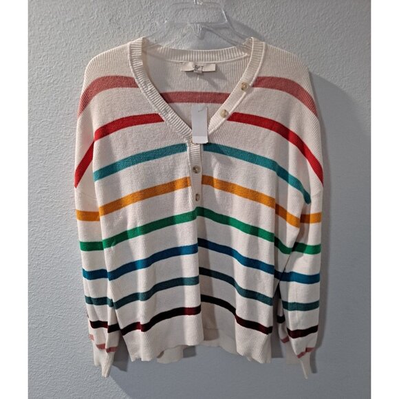 Loft Women's Long Sleeve Multi-Color Striped 1/4 Button V-Neck Sweater XL NWT - Picture 1 of 10